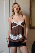 EMMARA Lace Contrast Polka Dot Babydoll Cami Top