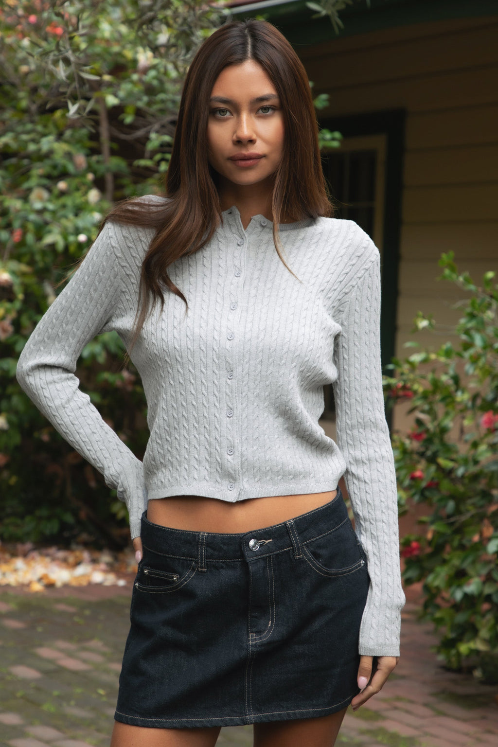 KRISTY Cable Knit Basic Long Sleeve Cardigan