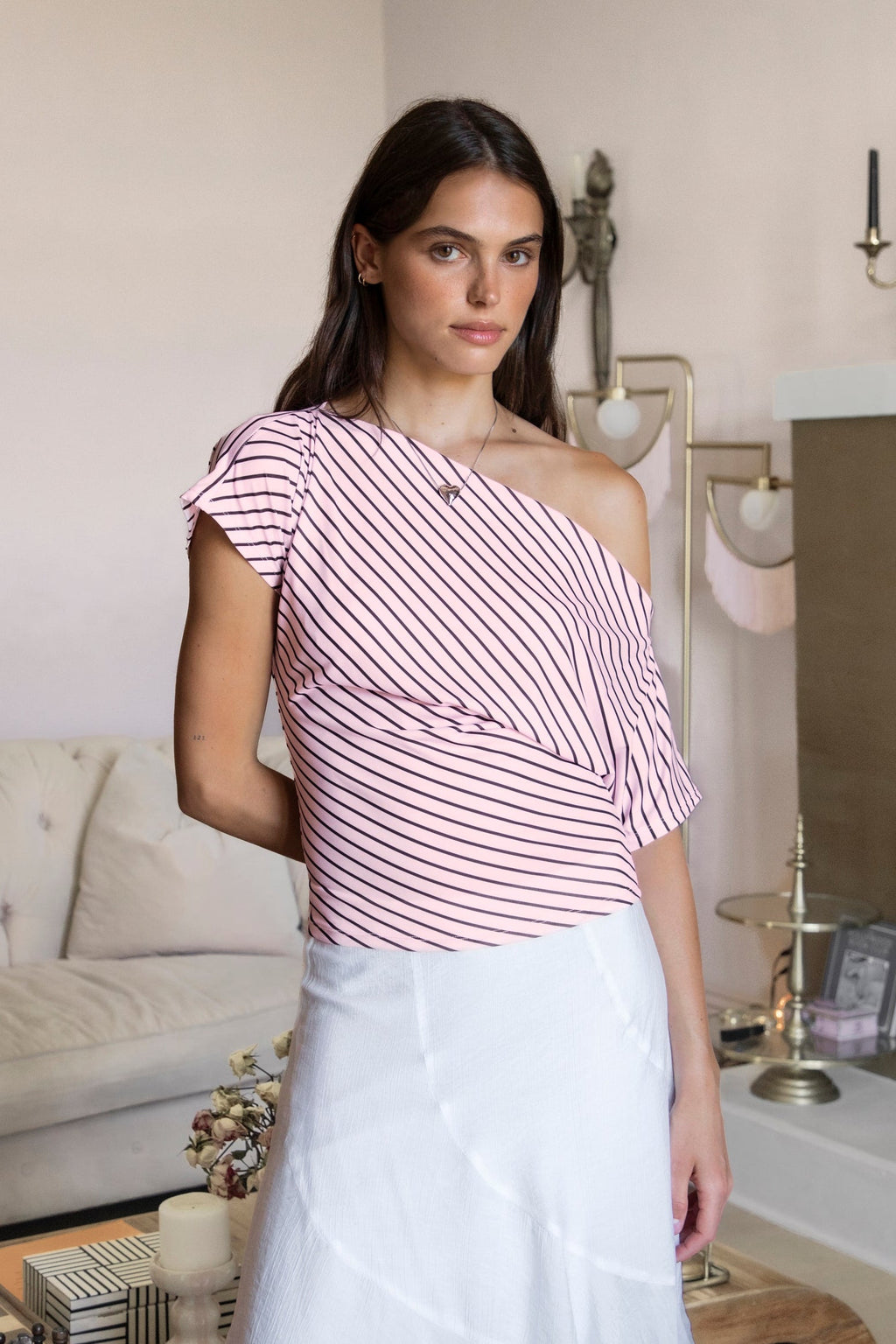 AURE Striped Slash Neck Ruched Waist Top [Pre-order]