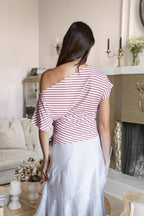 AURE Striped Slash Neck Ruched Waist Top [Pre-order]
