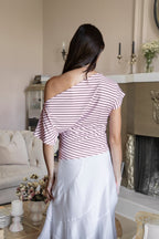 AURE Striped Slash Neck Ruched Waist Top [Pre-order]