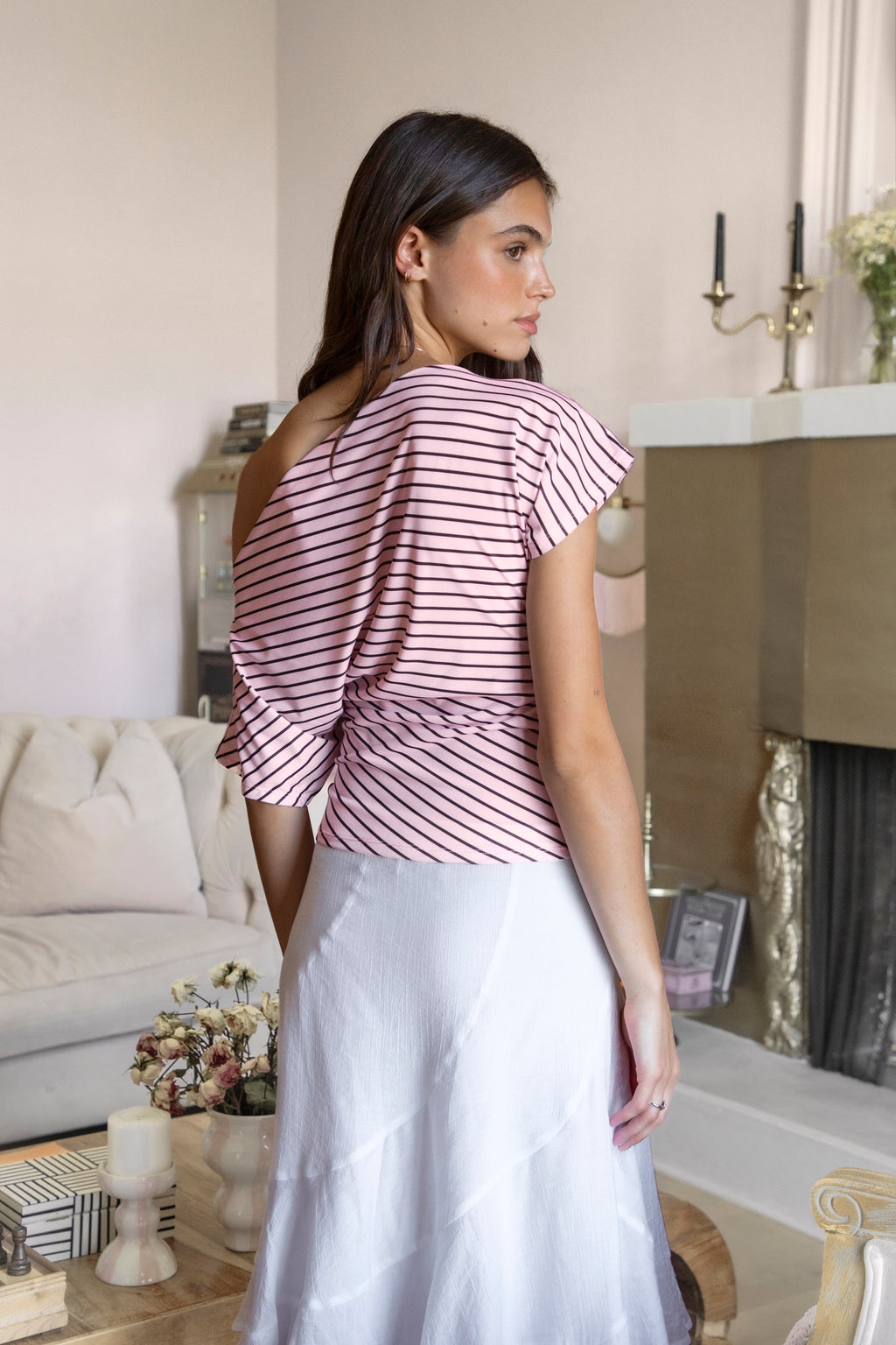 AURE Striped Slash Neck Ruched Waist Top [Pre-order]