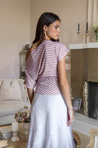 AURE Striped Slash Neck Ruched Waist Top [Pre-order]