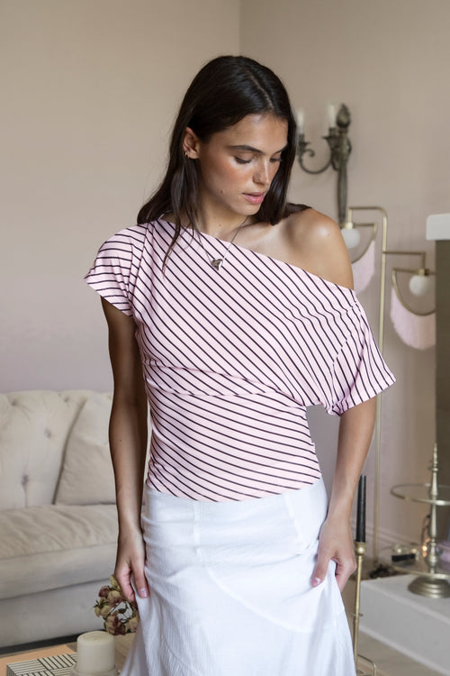 AURE Striped Slash Neck Ruched Waist Top [Pre-order]