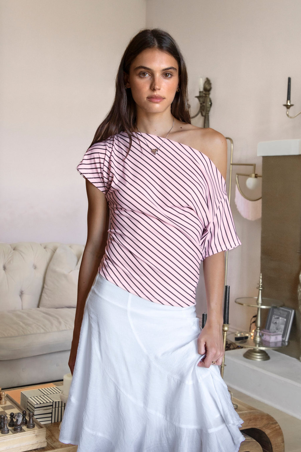 AURE Striped Slash Neck Ruched Waist Top [Pre-order]