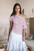AURE Striped Slash Neck Ruched Waist Top [Pre-order]