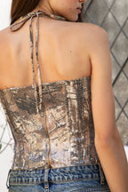 GLITZWOOD Camo Sequin Lace Up Corset Top
