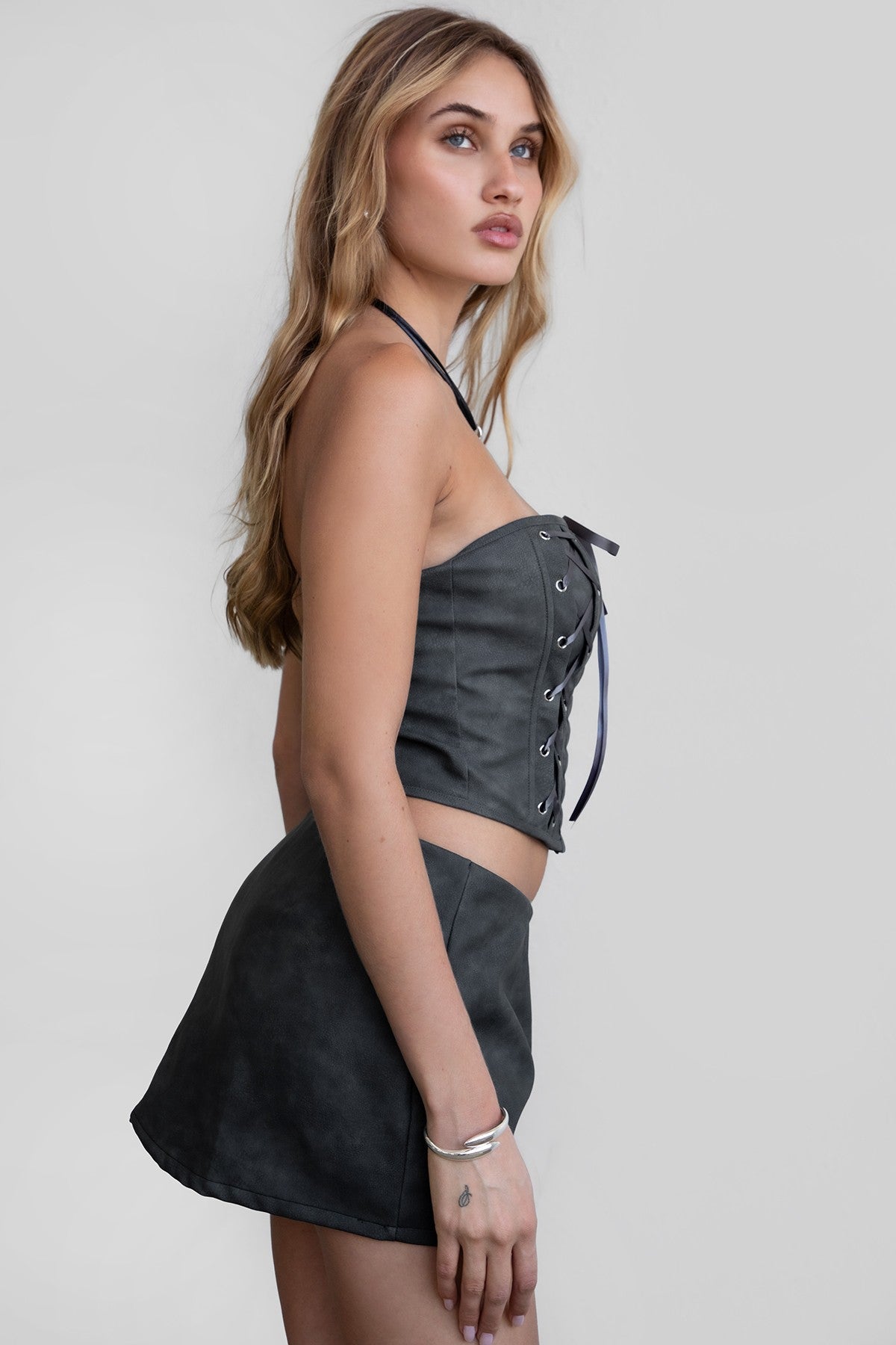 Angie Distressed PU Corset Top