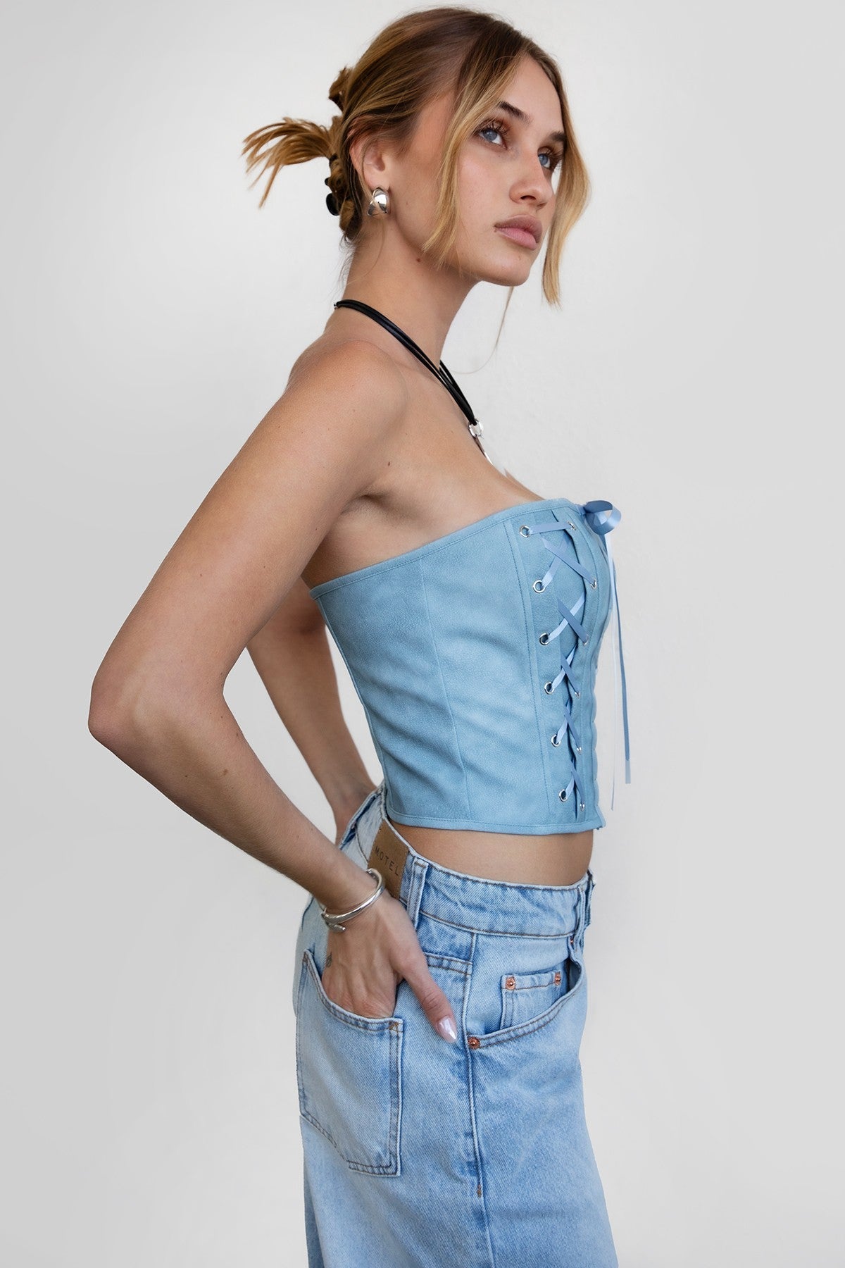 Angie Distressed PU Corset Top