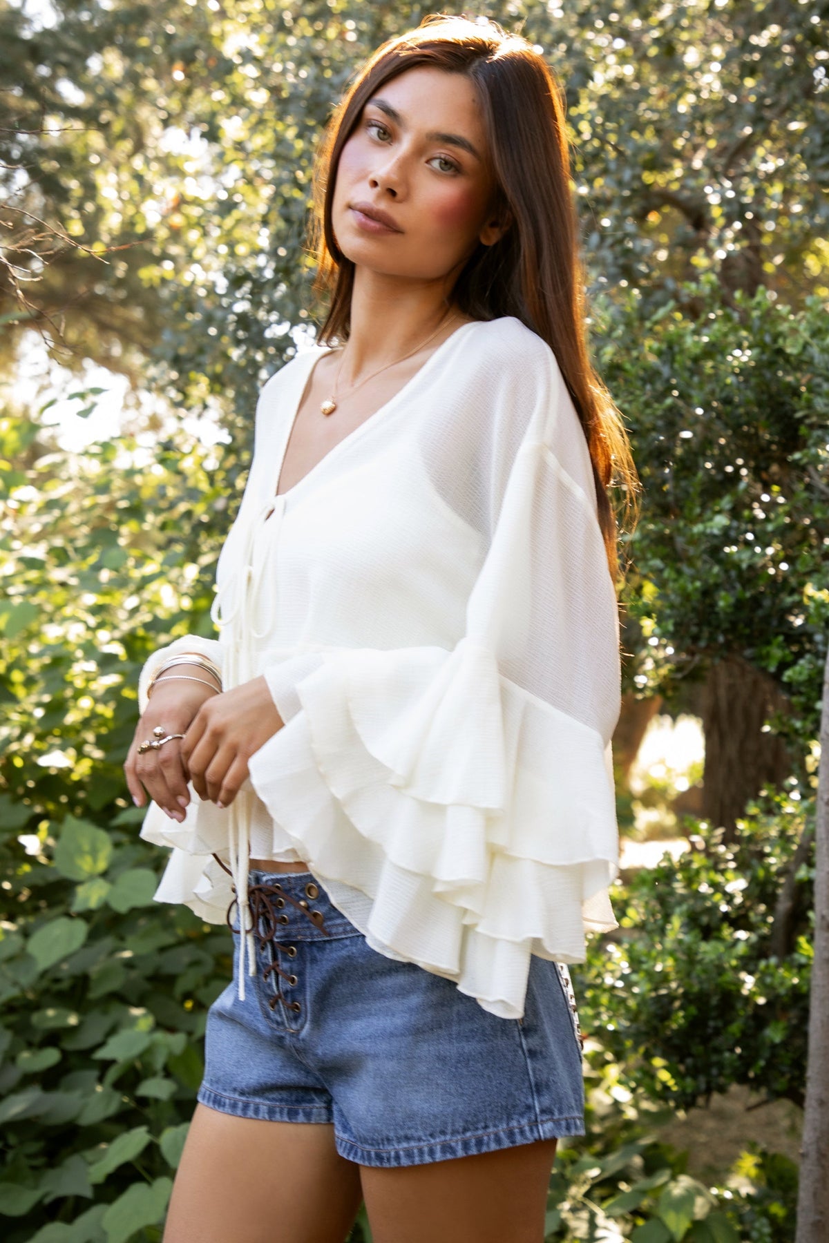 BRIEANNE V-Neck Sheer Chiffon Tiered Ruffle Blouse