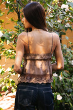 BRIELLE Babydoll Embroidered Mesh Lace Trim V-Neck Cami Top