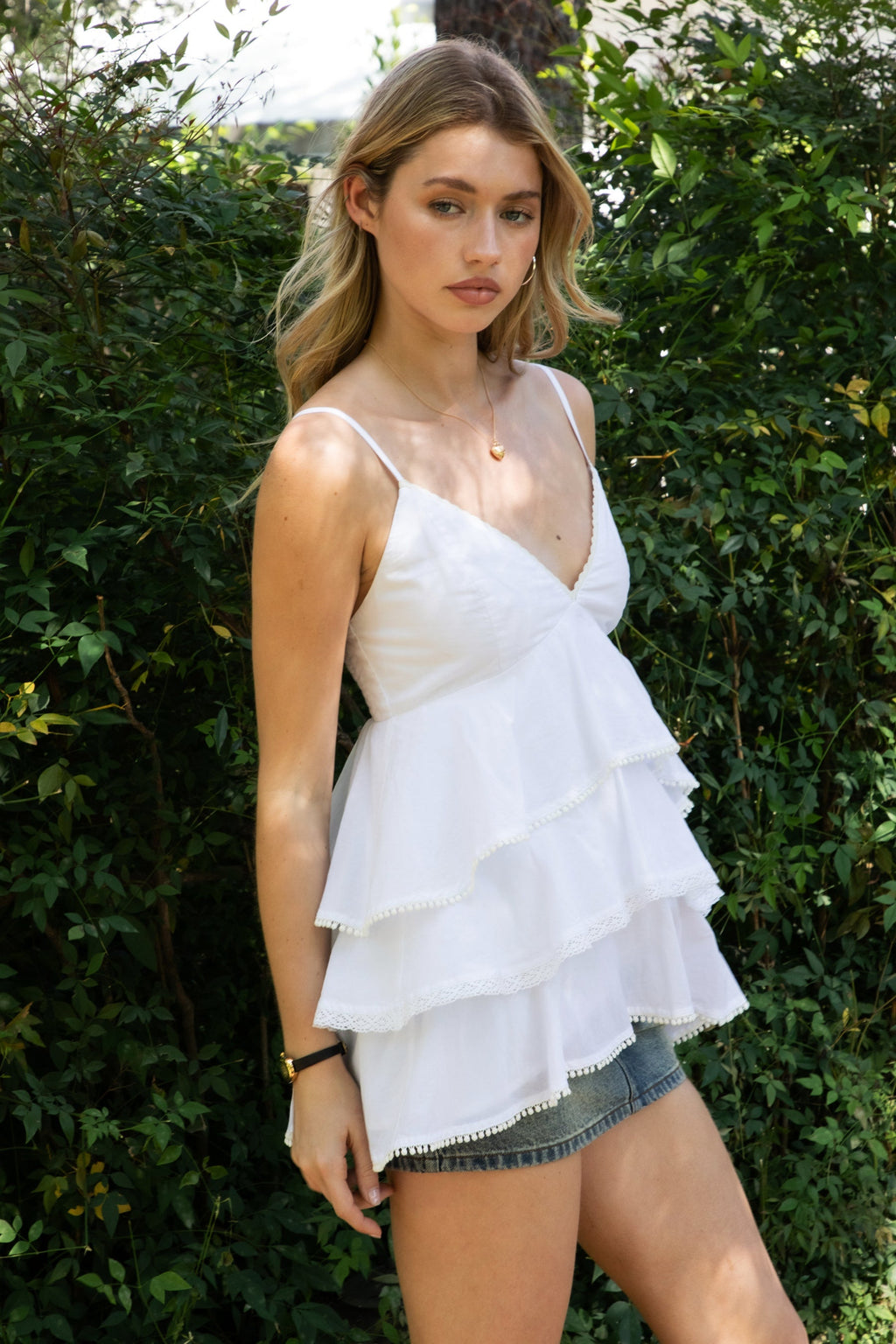 GLARA Tiered Ruffle V-Neck Babydoll Top
