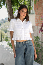 LISETTE Smocked Button Front Collared Crop Top