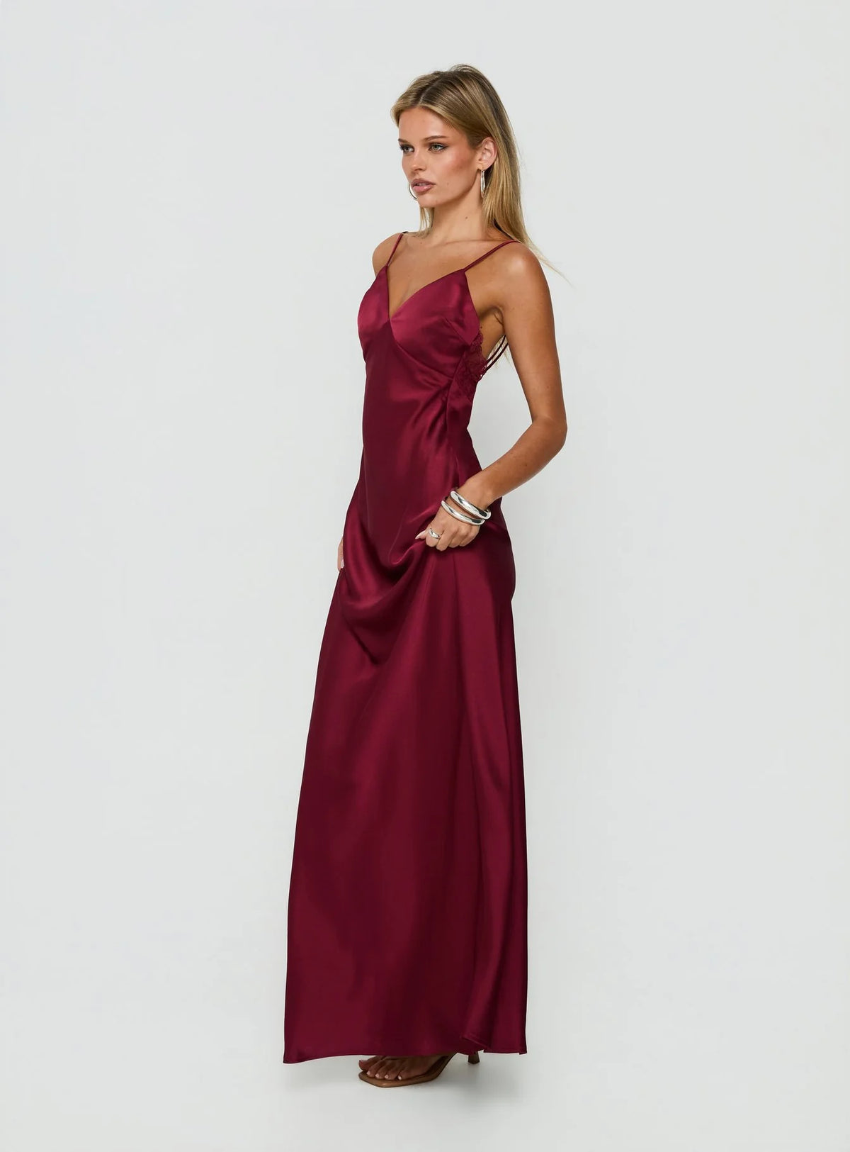 Flip A Switch Satin Lace Slip Maxi Dress Burgundy
