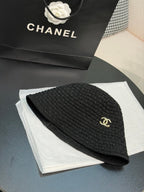 CHANEL Cloche Hat Cotton Mixed Fibers Metal Black White Gold #387336