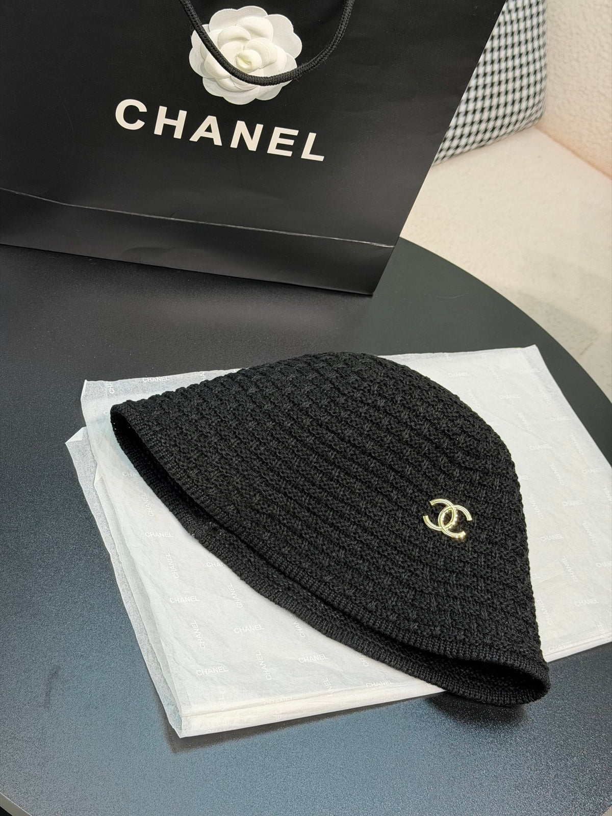 CHANEL Cloche Hat Cotton Mixed Fibers Metal Black White Gold #387336