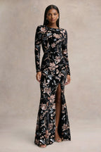 Lyric | Black Floral Velvet And Sequin Embellished Crew-Neck Maxi Dress