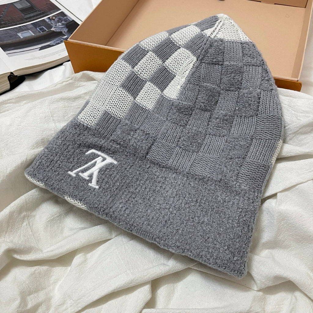 Louis Vuitton Men's and Women's Logo Embroidered Gray Sheep Wool Pom Pom Hat Cap Scarf #73793