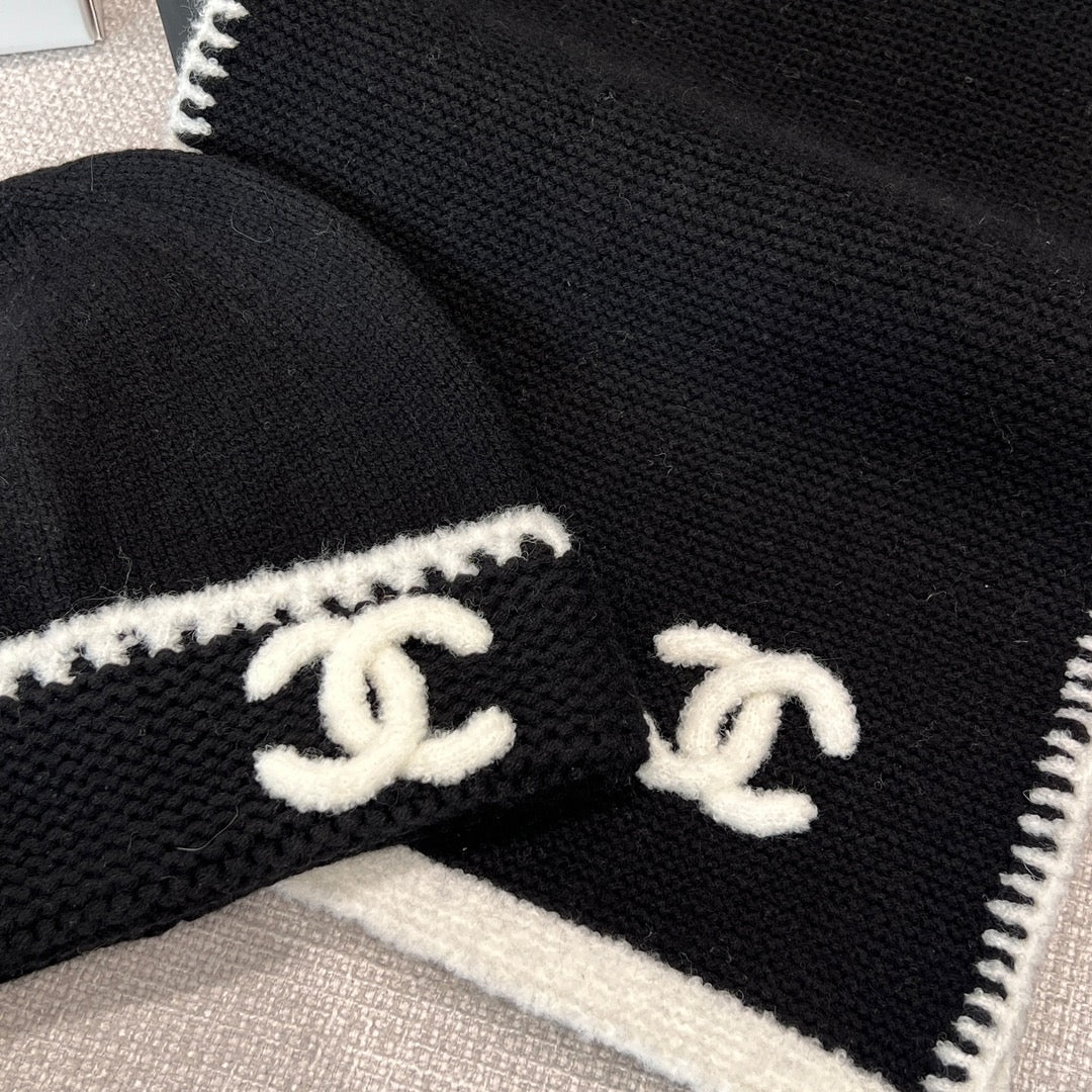 Chanel Women's Classic Black And White LOGO Wool Scarf Cold Hat #328249