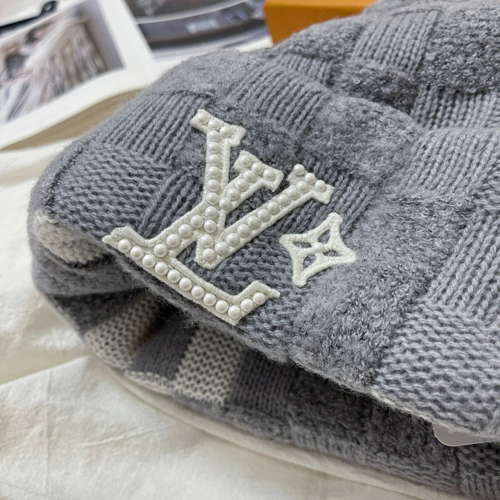 Louis Vuitton Men's and Women's Logo Embroidered Gray Sheep Wool Pom Pom Hat Cap Scarf #73793
