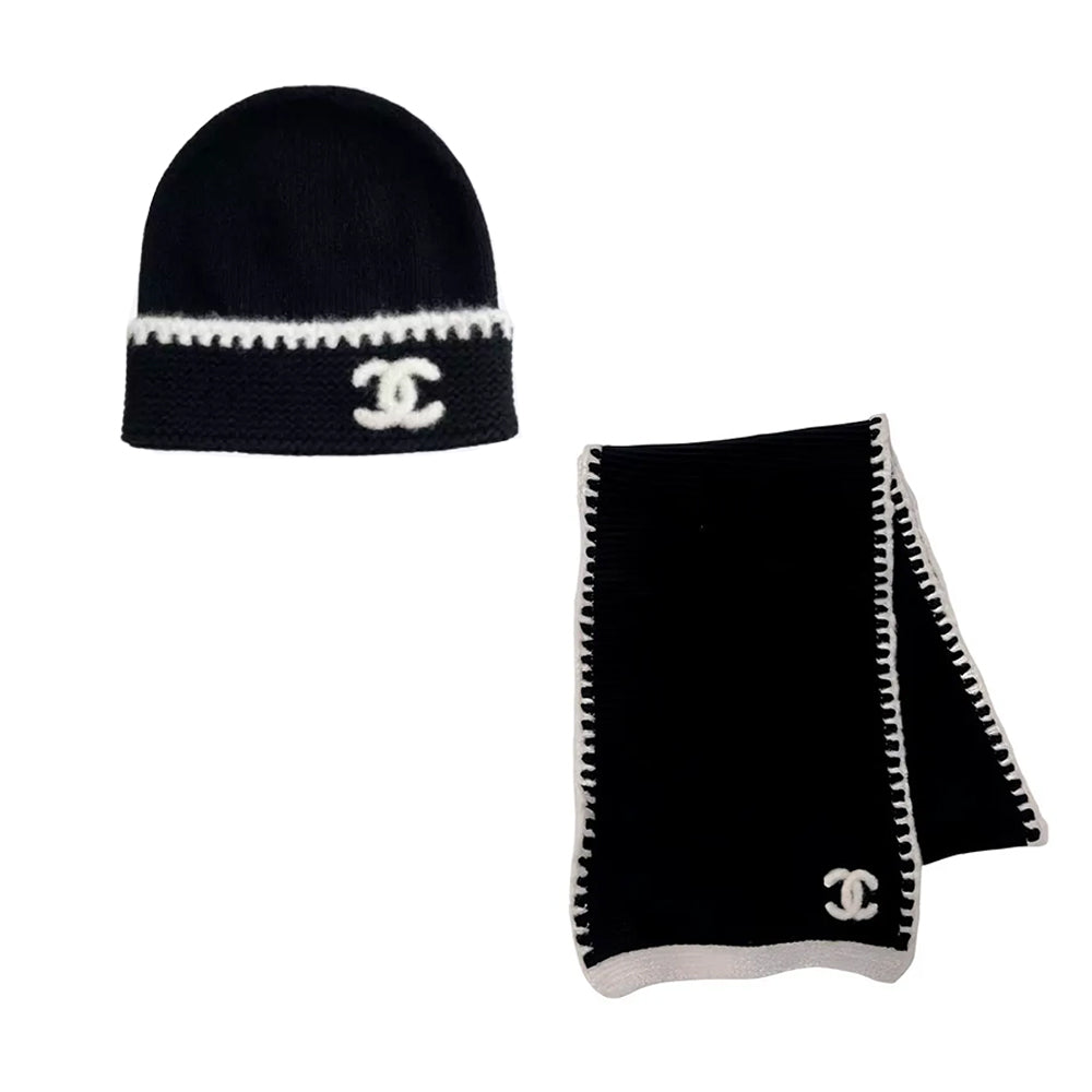 Chanel Women's Classic Black And White LOGO Wool Scarf Cold Hat #328249