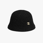 CHANEL Cloche Hat Cotton Mixed Fibers Metal Black White Gold #387336