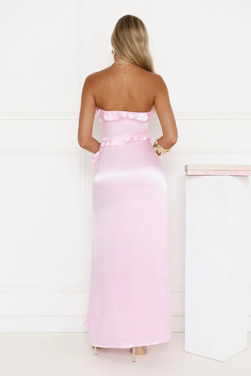 Seaside Eternity Strapless Satin Maxi Dress Pink