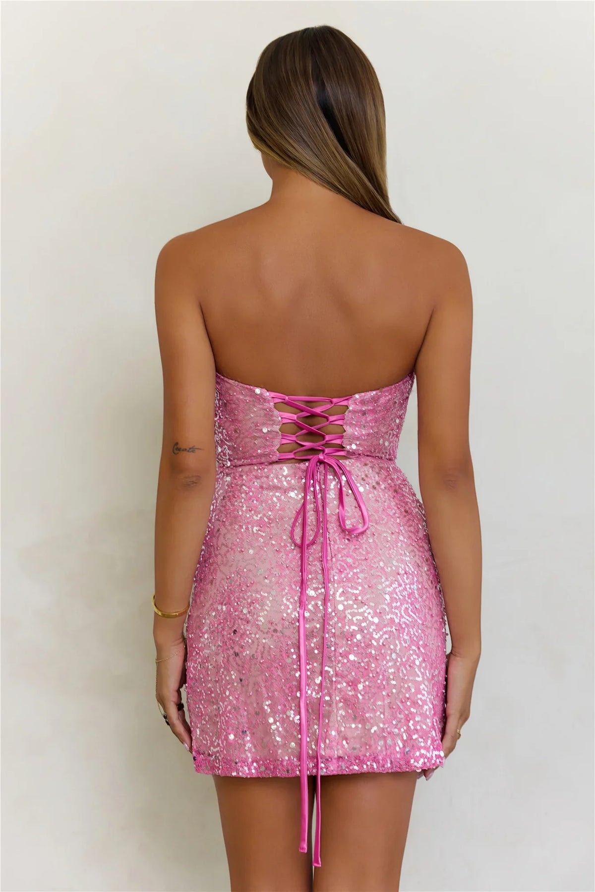 Dazzling Spirit Sequin Strapless Lace Up Mini Dress Pink
