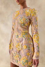 Merdia | Yellow Embellished Floral Crew-Neck Mini Dress