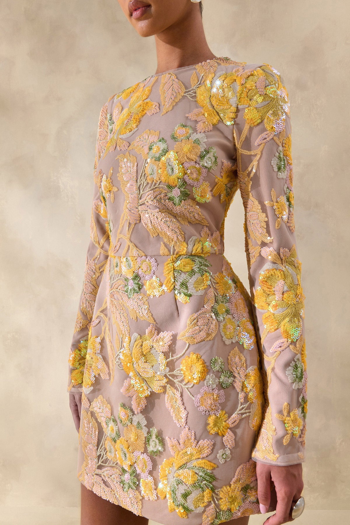 Merdia | Yellow Embellished Floral Crew-Neck Mini Dress