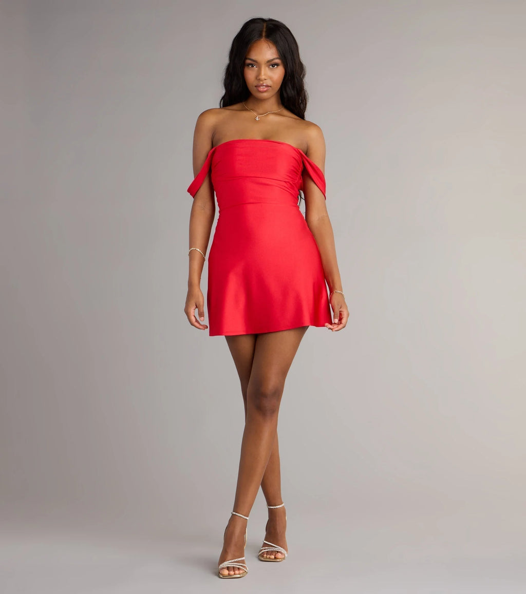 Classics Lover Off-The-Shoulder Satin A-Line Mini Dress
