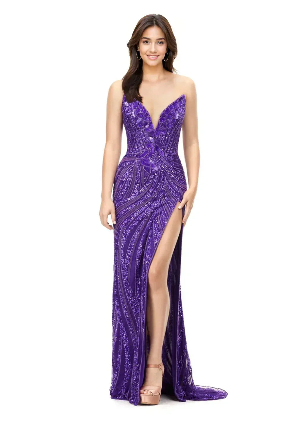 Long Fitted V Neck Slit Beaded Sequin Prom Dress Pageant Gown