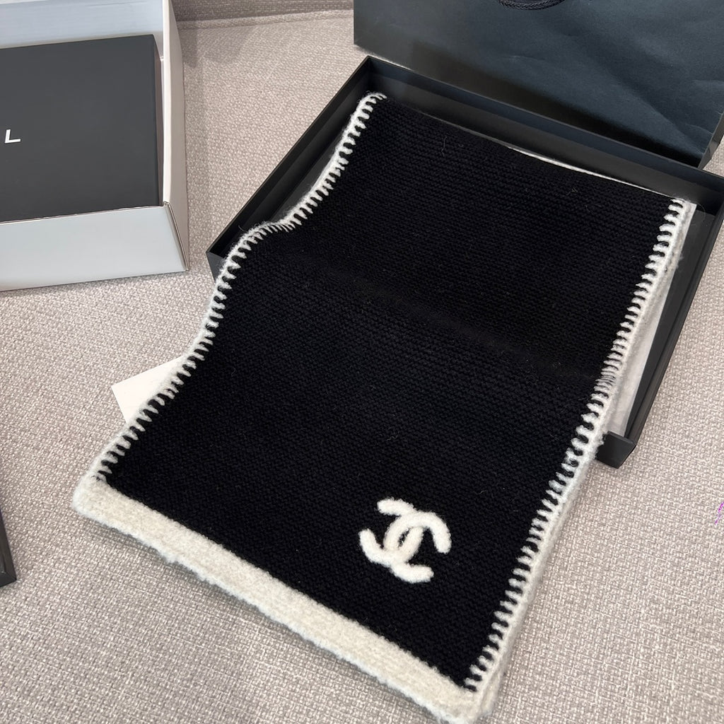 Chanel Women's Classic Black And White LOGO Wool Scarf Cold Hat #328249