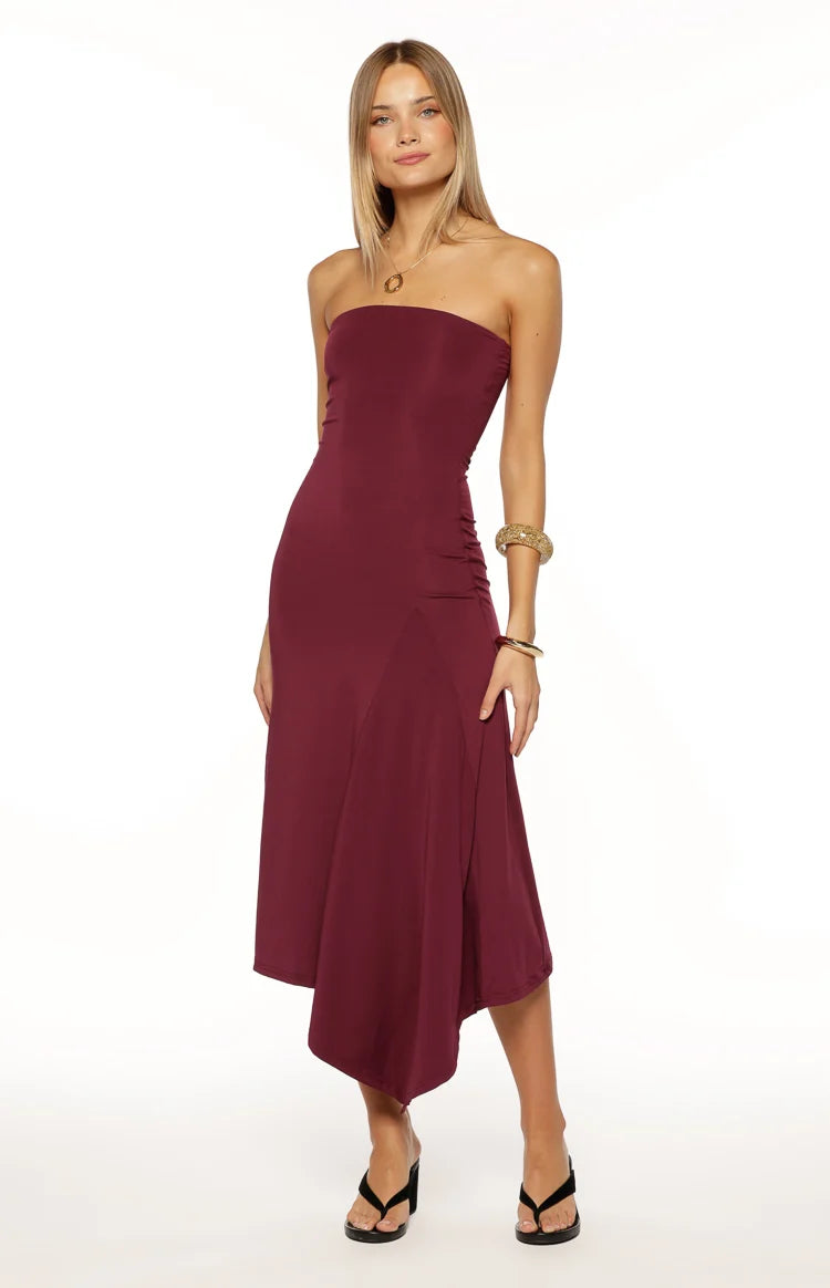Maura Plum Strapless Asymmetrical Midi Dress