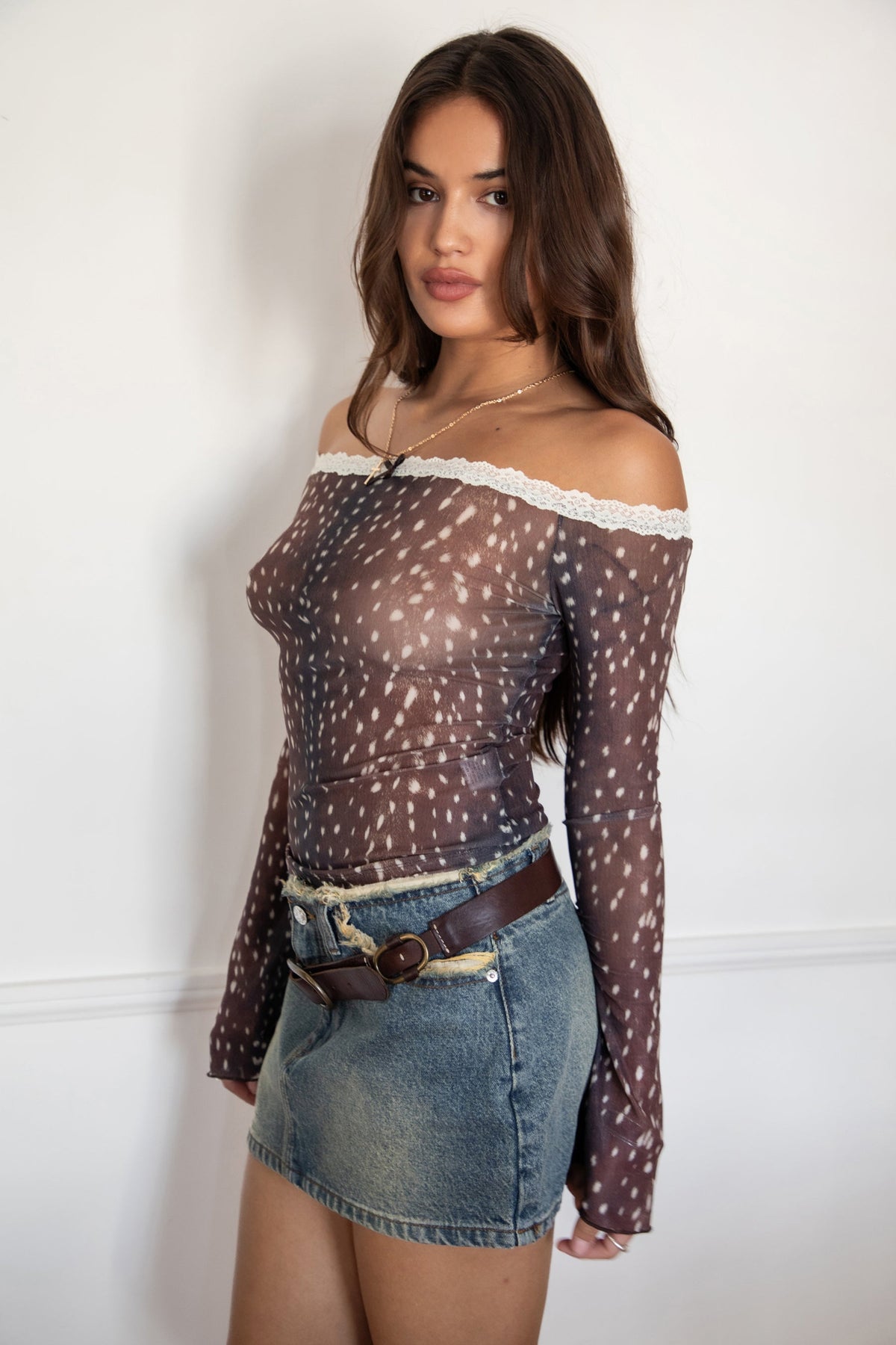 BAMBELLE Deer Mesh Print Off-The-Shoulder Top