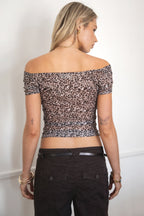 JAVAYA Leopard Mesh Print Off-The-Shoulder Top