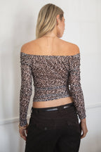 LEORA Leopard Mesh Print Off-The-Shoulder Top