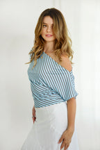 AURE Striped Slash Neck Ruched Waist Top [Pre-order]