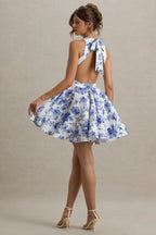 Waverly | Blue Floral Racer-Neck Sleeveless Skater Mini Dress